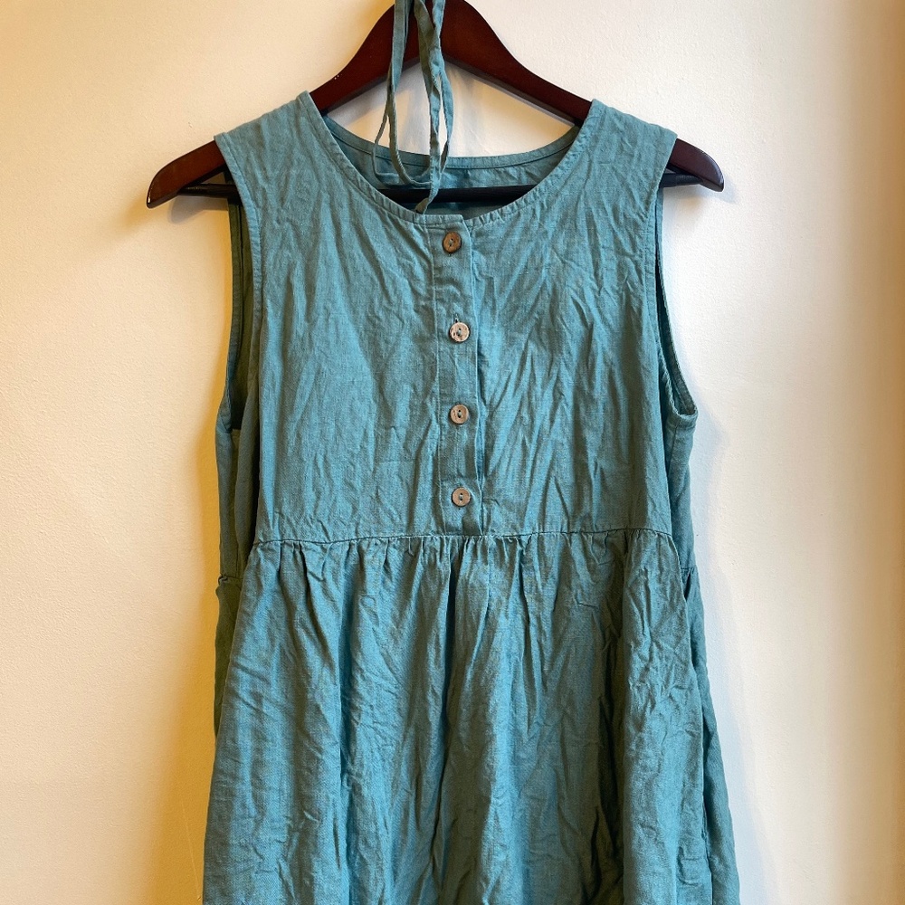 Handmade teal sleeveless linen dress